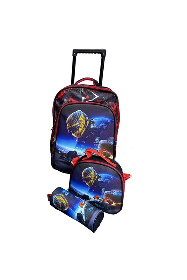 3 Pieces Cartoon-Printed School Trolley Bag for Kids 16 Inch with Lunch Bag and Pencil Pouch Included (Red Speed Super Car, 16 Inch)