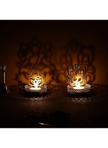 eCraftIndia Set of 2 Golden Metal Lord Ganesha and Goddess Lakshmi Shadow Tea Light Holders - Ideal for Festive Home Decor and Sacred Gifts for Family and Friends - Perfect for Diwali, Navratri