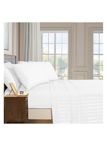 Experience Ultimate Luxury with Our Elegant Comfort 3-Piece Damask Stripe Super King Size Bed Sheet Set &acirc;&euro;&ldquo; 300 Thread Count, Wrinkle Resistant, and Made in Pakistan