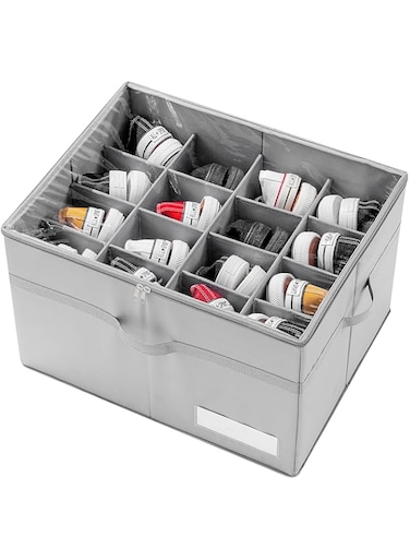 NAWOKEENY Adjustable Shoe Organizer for Closet, Fits 16 Pairs, Fabric Shoe Bin with Clear Cover, Large Shoe Box Storage Containers, Space Saving Shoes Holder with Reinforced Handles, Mesh Pockets Gray