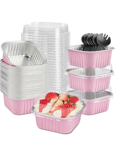 JUNNUOAD 50 Pack Square 5 oz Mini Cake Pans with Lids and Spoons, Aluminum Foil Ramekins Cupcake Baking Cups Disposable Muffin Containers for Cheesecakes, Puddings, Brownies, Custard, Mini Pie (Pink)