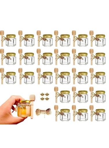 25Pack Mini Glass Honey Jars - Hexagon Little Glass Honey Jar with Gold Lids, Wooden Dippers, Bee Charms and Twine - Small Honey Jars for Wedding Favors, Party Favors