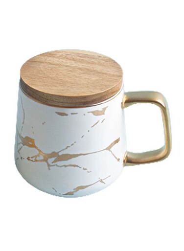 Pear Ceramic Marble Coffee Mug With Wood Coaster White