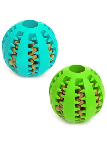 Dog Toy Ball, Nontoxic Bite Resistant Toy Ball for Pet Dogs Puppy Cat, Dog Pet Food Treat Feeder Chew Tooth Cleaning Ball Exercise Game IQ Training Ball(2 Pack) (Sky blue+green, 6cm)
