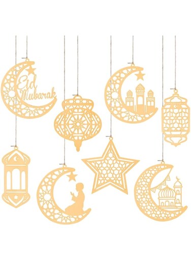8 PCS Wooden Pendant Eid Ramadan Decorations,Islam Eid Ramadan Mubarak Decorations,Moon Star Castle Light Shape Pendant Ornament,Ramadan Decorations for Home Wedding Birthday Islam Party Decor