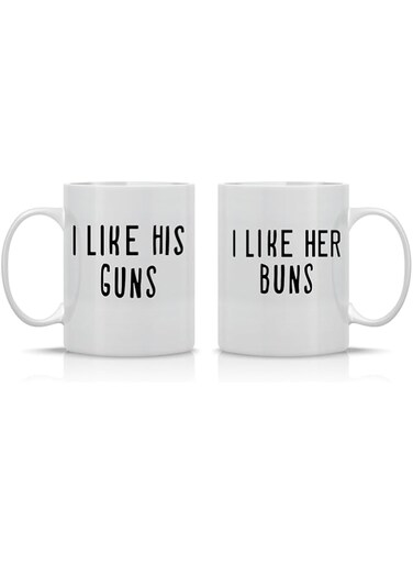 I Like His Guns, I Like Her Buns Couples Mug - Funny Couple Mug - (2) 330ml Coffee Mug - Funny Mug Set - Mugs For boyfriend and Girlfriend and Husband and wife - By AW Fashions