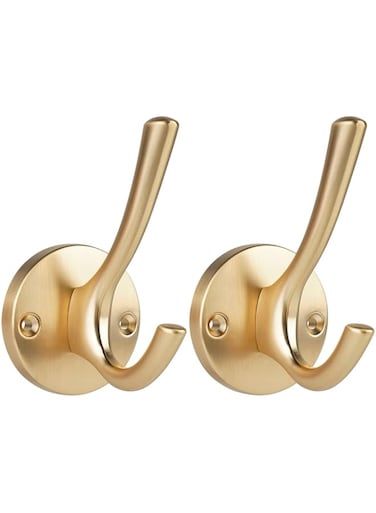 Emapoy 2 Pack Coat Hooks, Heavy Duty Double Towel Robe Clothes Hooks For Hanging, Wall Hooks Holder For Bathroom Kitchen Closet Cabinet Door Garage Hotel, Wall Mounted (Gold)