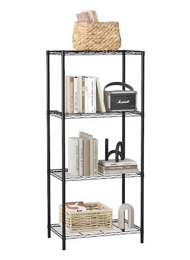 Optimized Title: 4-Tier Adjustable Kitchen Storage Rack &ndash; Sturdy Wire Shelving Unit with Adjustable Leveling Feet and Hooks for Home, Pantry, Garage, and Closet Organization