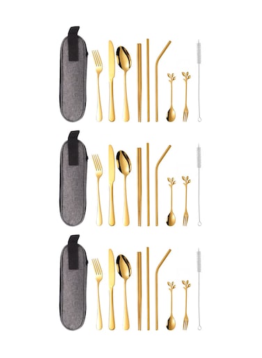 3X 9 Pieces Portable Stainless Steel Flatware Set, Reusable Travel Utensils Cutlery Set, Camping Tableware Dishwasher Safe with Case, Knife Fork Spoon Straws Chopsticks Cleaning Brush (Golden)
