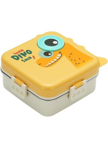 Twisoo Super Dinosaur Steel Lunch Box - 1120ml, Double Decker, 3 Compartments, BPA-Free, Leakproof with Soup Bowl &amp; Spoon, Spill-Free, ( Yellow )