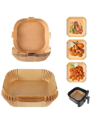 SparkSkies Air Fryer Disposable Paper Liner, 100 Pieces Food Grade Square Air Fryer Parchment Paper, 20cm Large Waterproof Non-Stick Parchment Paper for Air Fryer, Oven, Baking