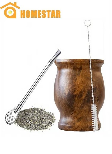 8oz Mate Cup, Stainless Steel Double-Wall Mate Cup, Heat Insulation Mate Gourd, Tea Cup Set Includes Cleaning Brush, Brown