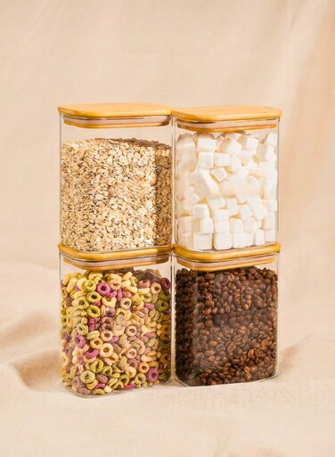 Set of 4- 1100 ML Borosilicate Rectangular Glass Storage Containers with Bamboo Lids. Stackable Spice Jars for Rice, Lentils, Dates, Sugar and Other Dry Foods for Kitchen Organization
