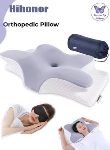Memory Foam Cervical Pillow - Butterfly-Shaped Ergonomic Support for Neck and Shoulder Pain Relief, Ideal for Side, Back, and Stomach Sleepers, Includes Washable Cover and Eye Mask
