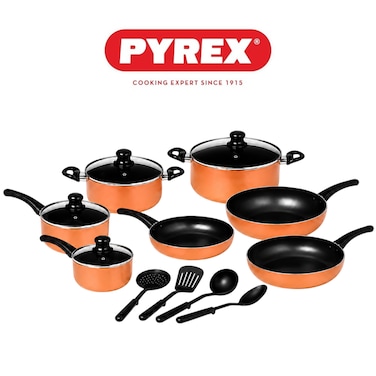 Pyrex Family Touch 15-Piece Cookware Set &ndash; Non-Stick Pots &amp; Pans with Lids &amp; Nylon Utensils, BPA Free &amp; PFOA Free Healthy Cooking Set, Light Copper Cookware for Gas &amp; Electric Hobs
