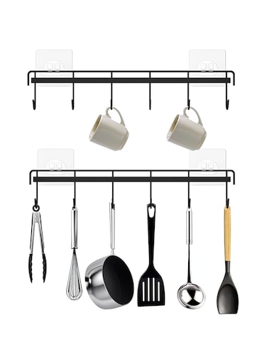 HOMEBROS Kitchen Utensil Rack Wall Mount, Black Adhesive Kitchen Utensil Hanger No Drilling Kitchen Utensil Holder Space Saving Kitchen Wall Hooks for Kitchen Bathroom Camper - 2 Packs