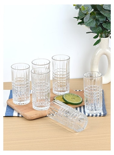 Embossed Pattern Highball Glasses, Set of 6 Drinking Glasses, 360ml Durable Drinkware Cups for Cocktails, Water, Juice, Beer, Wine-Special Edition Glassware Set, Dishwasher Safe
