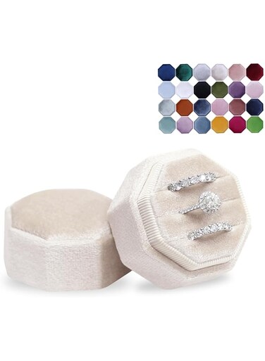 BLUTETE Velvet 3 Slots Jewelry Ring Box Engagement Wedding Box Keepsake Box Bridal Photo Ring Triple Slots Octagon (Champagne)