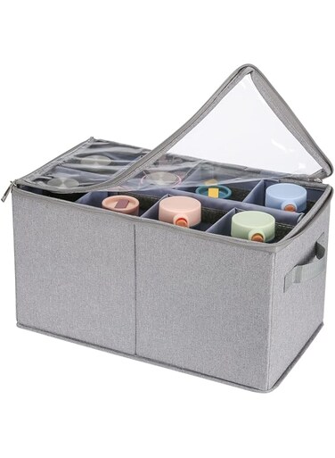 Puricon Water Bottle Storage Containers with Dividers, Drinkware Bottle Boxes Case with Lid for Kitchen Cabinet Cardboard Pantry Shelf -Grey