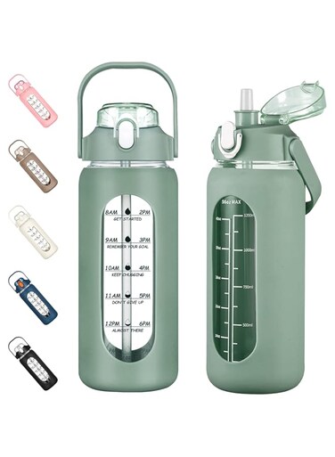 kytffu 56oz Glass Water Bottles with Straw, Motivational Glass Bottle with Silicone Sleeve and Time Marker, Leakproof Large Glass Water Jug for Gym Home Office,Olive