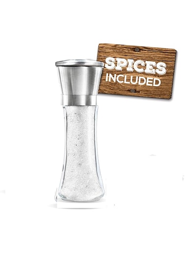 Mason Mills Prefilled Stainless Steel Salt and Pepper Grinder - Includes White Rock Salt - Glass and Stainless Steel - Large Capacity Shaker - Top Loading Design