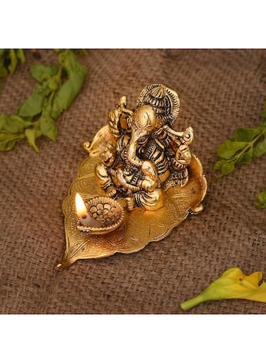 Collectible India Ganesha on Leaf with Diya Metal Hand Craved Decorative Gift for Puja Diwali