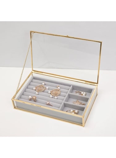 Glass Jewelry Box, Transparent Jewellery Organizer with Velvet Display Tray, Golden Lace Edge Jewelry Storage Box with Lid, Stackable Clear Ornaments Display Rack for Necklaces Earrings Finger Rings