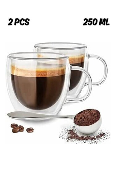 Double Wall Insulated Glasses Espresso Mugs,2 Pcs Glass Coffee Mugs with Handle, Insulated Layer Coffee Cups, Clear Borosilicate Glass Mugs   Perfect Coffee Mugs for Espresso, Cappuccino, Latte, American,Tea Bag, Hot Beverages 250 ml