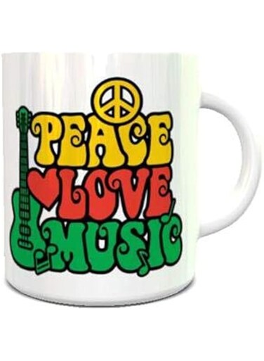 Impress Ceramic Coffee Mug with Peace Love and Music Design - White
