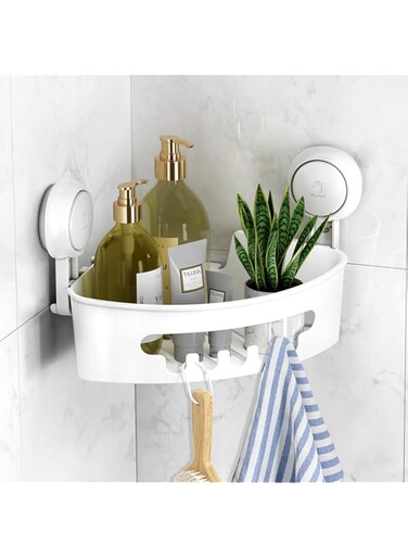 Tazweeq Corner Shower Caddy Suction Cup, Bathroom Shelves, Waterproof &amp; Rustproof Organizer for Storage, Shower Caddy Basket Powerful Suction Shower Shelf, No-Drilling Removable, White
