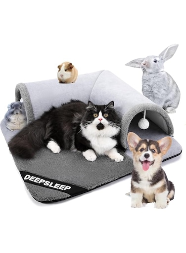 TAME Cat Tunnel Bed for Indoor Cats, 2 in1 Cat Bed and Tunnel Cat Toys, Soft Plush Cat Cave Donut Tunnel, Large Size Cat Carpet Tunnel, Detachable, Washable for Cats and Small Pets (Grey)