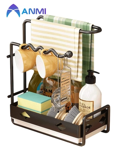 Kitchen Sink Caddy,Kitchen Storage Rack for Kitchen Sink with Drain Tray,Carbon Steel Rustproof Non-Slip Kitchen Sink Organizer for Countertop (Black)