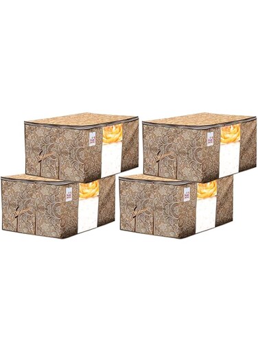 Fun Homes Metalic Printed 4 Pieces Non Woven Fabric Underbed Storage Bag,Cloth Organiser,Blanket Cover With Transparent Window (Beige)