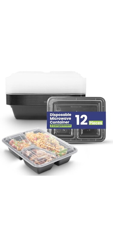 SNH Packing 12 Pieces Disposable Microwave Container Rectangular - 3 Compartment