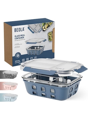 BEOLA 3 Compartment Glass Food Storage Container, Lunch Box, with Airtight Lid and Silicone Protection, 3 Section Meal Prep, Freezer, Dishwasher, Microwave Safe, Glass, 1050ml(Marine Blue)