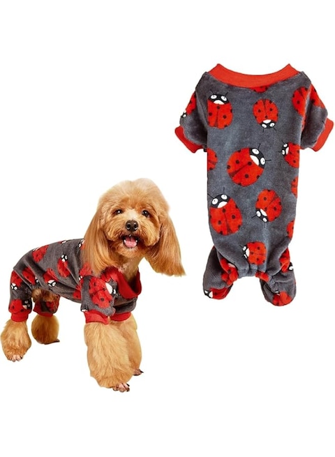 Dog Fleece Pajamas for Small Dogs Jumpsuit Red Coccinella Print Puppy Dogs Boy Girl Hair Shedding Cover for Chihuahua Christmas Jammies Pet Cat Warm Cold Weather Coat (Coccinella septempunctata, XS)