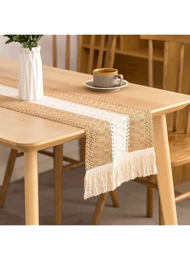 ELECDON Table Runners Natural Burlap, Boho Macrame Table Runner, Rustic with Tassels, Hand Woven Cotton and Burlap Splicing Table Runner, for Living Room Party Wedding Decoration Dining Table