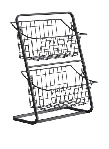 Fruit Vegetable Storage Basket, 2 Tier Stackable Metal Wire Storage Baskets, Fruit Vegetable Produce Basket Organizer Bins for Kitchen, Pantry, Bathroom, Black