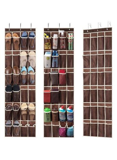 ZOBER Over The Door Shoe Organizer - 24 Breathable Pockets, Hanging Shoe Holder for Maximizing Shoe Storage, Accessories, Toiletries, Laundry Items. 64in x 18in (3 Pack, Java Brown)