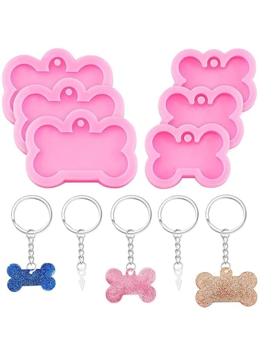 DELFINO 6 Pieces Dog Bone Shaped Silicone Mold Silicone Dog Bone Keychain Pendant Clay Mold and 10 Pieces Key Rings for Kitchen or Homemade Crafts DIY, 2 Sizes