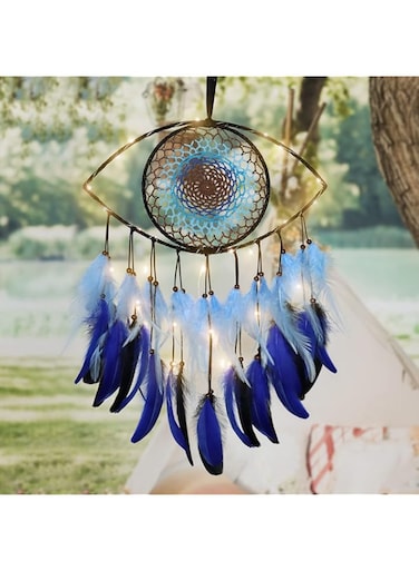 Dremisland Evil Eye Dream Catcher with Fairy Lights-Handmade Blue Feather Dream Catchers Evil Eye Wall Hanging Ornament Home Decor for Bedroom Livingroom Yard, Blessing Craft Gift (Blue-Light)