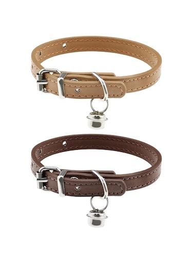 ECSiNG 2PCS Cat Collar with Bell PU Leather Comfortable Kitten Collars for 15~23cm Neck Size Adjustable Length Small Pets Supplies 1cm Width Coffee &amp; Khaki