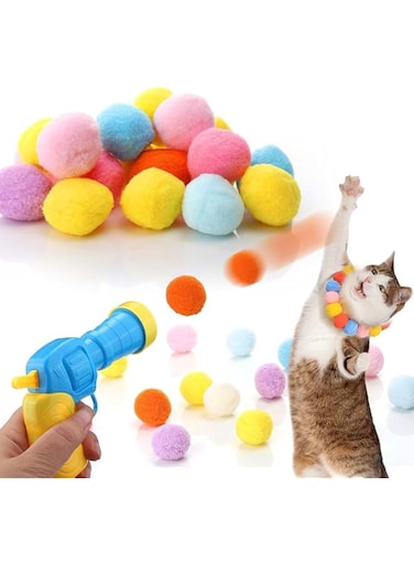 Guintray-bo Cat Toy Ball Launcher Gun,Cat Fetch Toy Gun Shooter, Plush Ball Shooting Gun with 100Pcs Pom Pom Balls, Toys Interactive for Indoor Cats