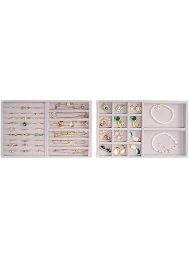 ProCase Set of 2 Stackable Jewelry Display Trays, Jewelry Earring Necklace Bracelet Ring Brooch Organizer Display Case with Removable Dividers for Dresser Drawer -Grey