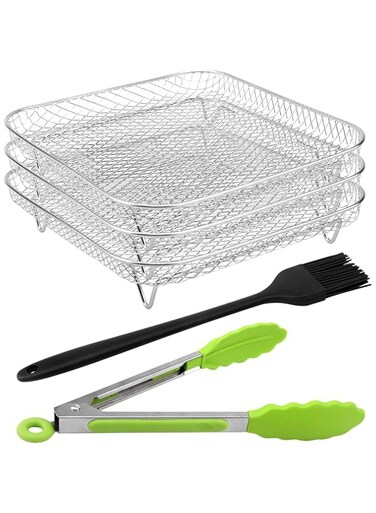 Emapoy 8" Air Fryer Rack For Air Fryer, Stainless Steel Three-Layer Air Flow Rack With Rustproof Oil Brush Food Clip, Air Fryer Accessories