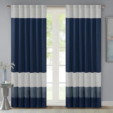 Madison Park Amherst Single Panel Faux Silk Rod Pocket Curtain With Privacy Lining For Living Room, Window Drape For Bedroom And Dorm, 50x84, Navy