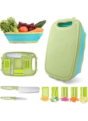 Foldable Cutting Board,Camping Collapsible Chopping Board With Colander,9-In-1 Multi Chopping Board Kitchen Vegetable Washing Basket For Camping,Camping Gifts Camping Accessories For RV Campers,Green