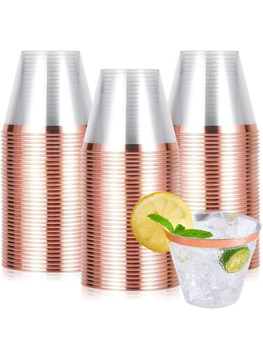 KASTWAVE Disposable Plastic Cups, 50 Pcs Elegant Rose Gold Rimmed Plastic Cups 9oz Clear Plastic Cups, Gold Disposable Cups Cocktail Cups Plastic, Clear Plastic Cups for Wedding Party (ROSE GOLD)
