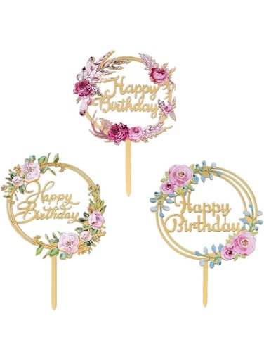 KASTWAVE 3 Pcs Flowers Cake Toppers Acrylic Happy Birthday Cake Toppers Various Birthday Party Wedding Cake Decoration