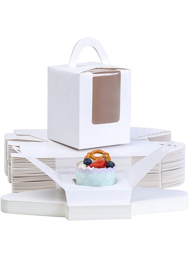 X spring Cupcake Boxes, 25 Pcs Individual Cupcake Containers with Window, Portable Single Cupcake Boxes with Handles, Simple Cupcakes Containers Gift Boxes for Weddings and Birthday Parties (White)